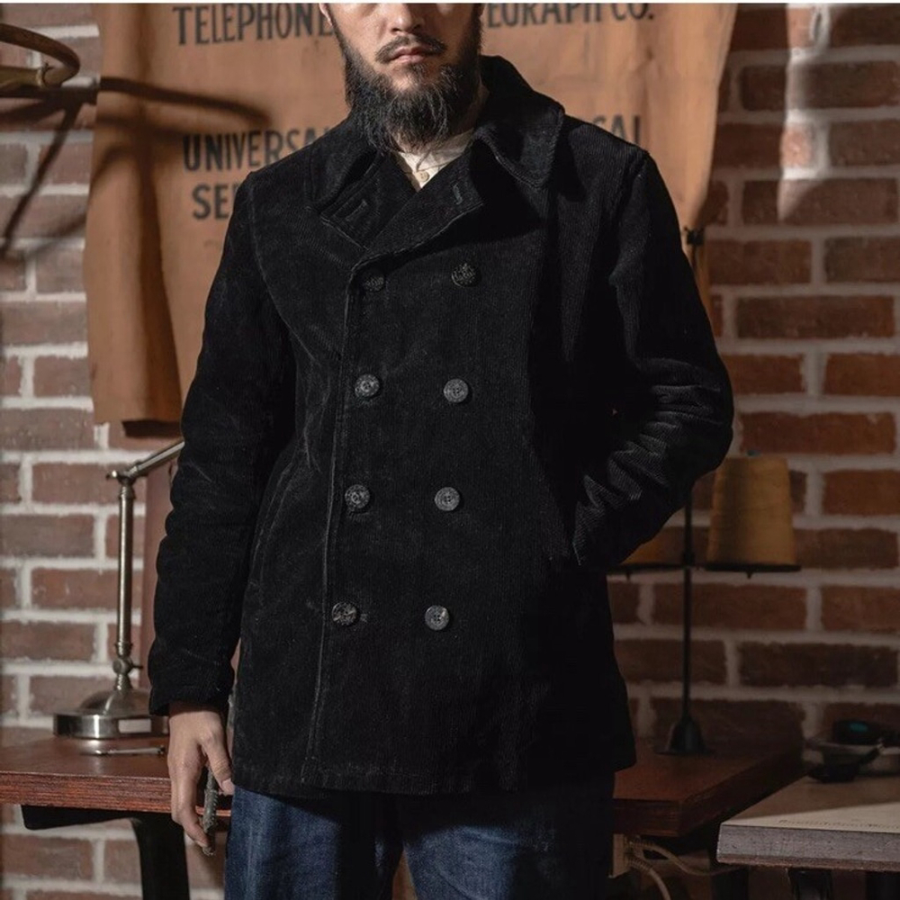 Bronson Black Corduroy Peacoat Double-Breast M Men's Jacket Naval Sailor Reefer
